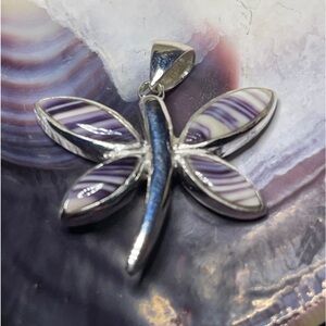 Dragonfly Pendant Wampum Quahog Shell Sterling Silver Jewelry P1093